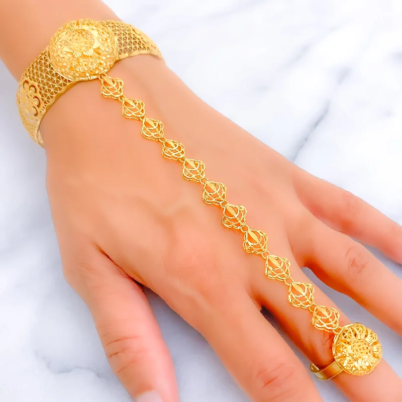 Women’s tennis bracelets-Impressive Floral 21K Gold Panchangala Bangle Bracelet