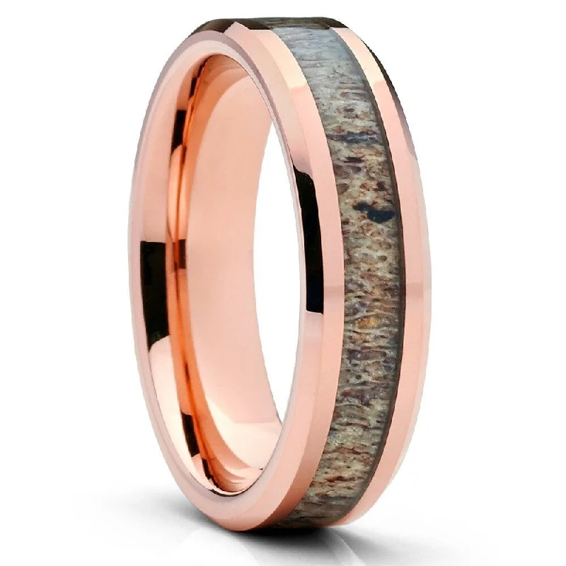 Women’s antique engagement rings-Deer Antler Inlay Tungsten Wedding Ring 6Mm Rose Gold Comfort Fit Cobalt Free