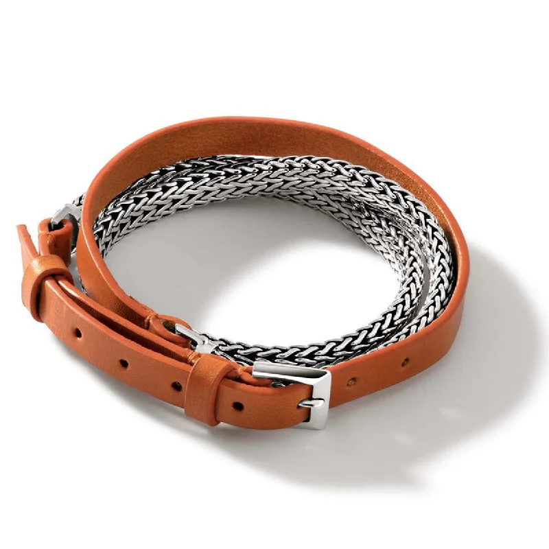 Women’s gold-plated bracelets-John Hardy Icon Orange Leather Wrap Bracelet in Sterling Silver