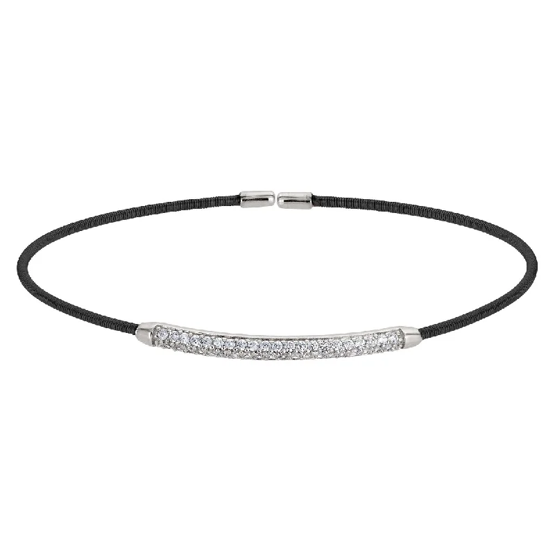 Women’s statement bangle bracelets-Bella Cavo Cubic Zirconia Bar Flexible Cuff Bracelet in Sterling Silver with Black Rhodium