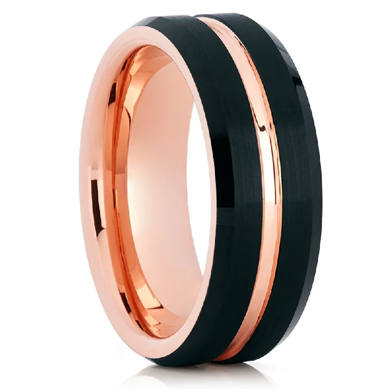 Women’s diamond engagement rings with bands-Black Tungsten Wedding Ring 8Mm Rose Gold Comfort Fit Anniversary Band