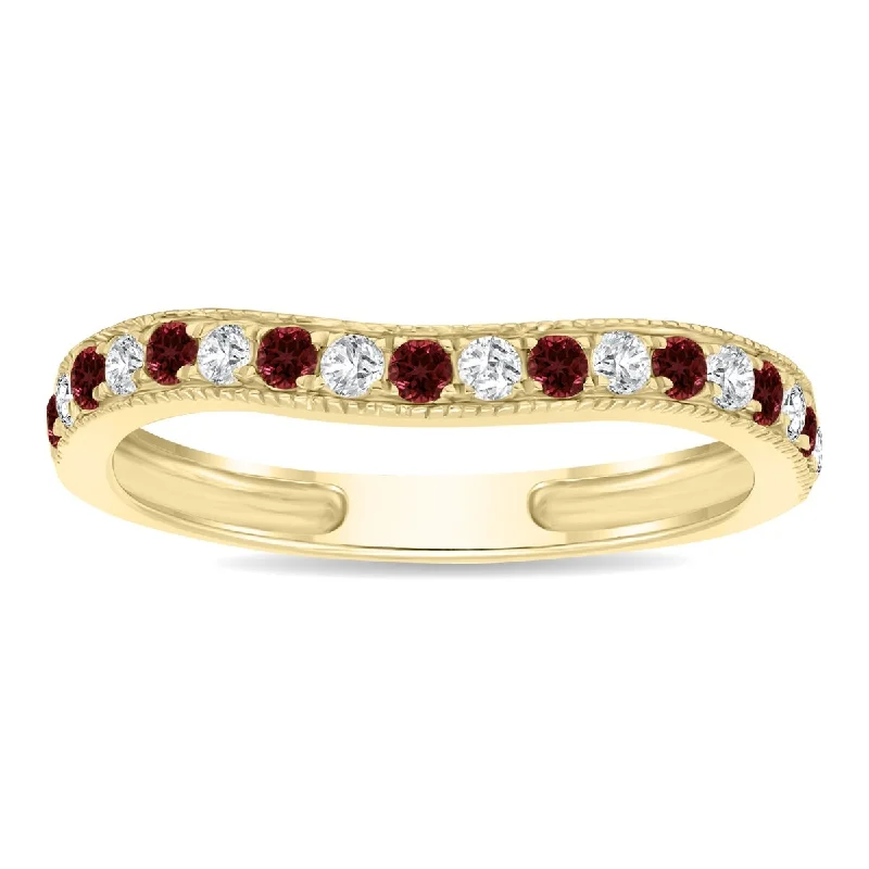 Women’s platinum solitaire engagement rings-Garnet and Diamond Channel Set Wedding Band in 10K Yellow Gold