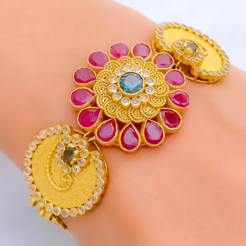 Women’s trendy bangles-Traditional Flower 22k Gold Antique Bangle Bracelet