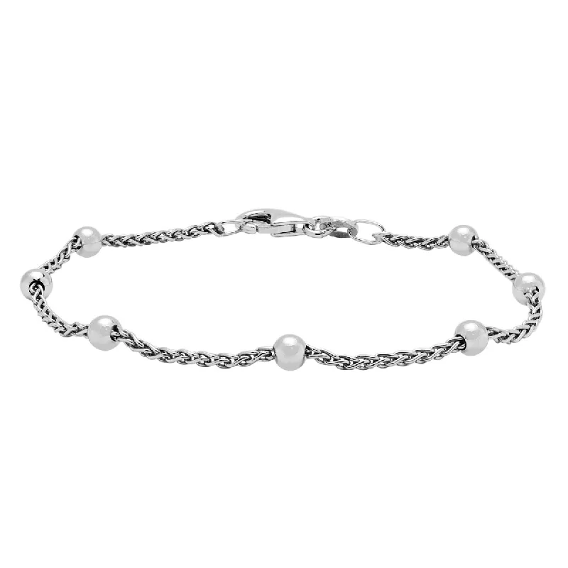 Women’s silver chain bracelets-Beaded Wheat Chain Bracelet in Sterling Silver