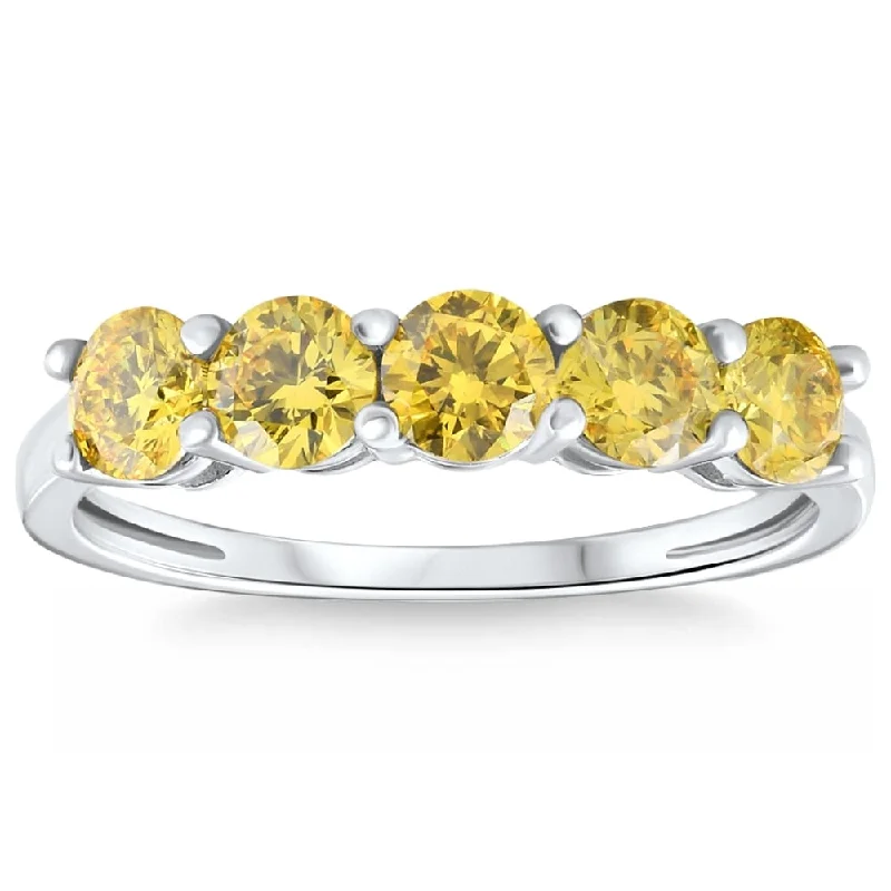 Women’s antique diamond engagement rings-1Ct Fancy Yellow Diamond Five Stone Wedding Ring Gold Lab Grown