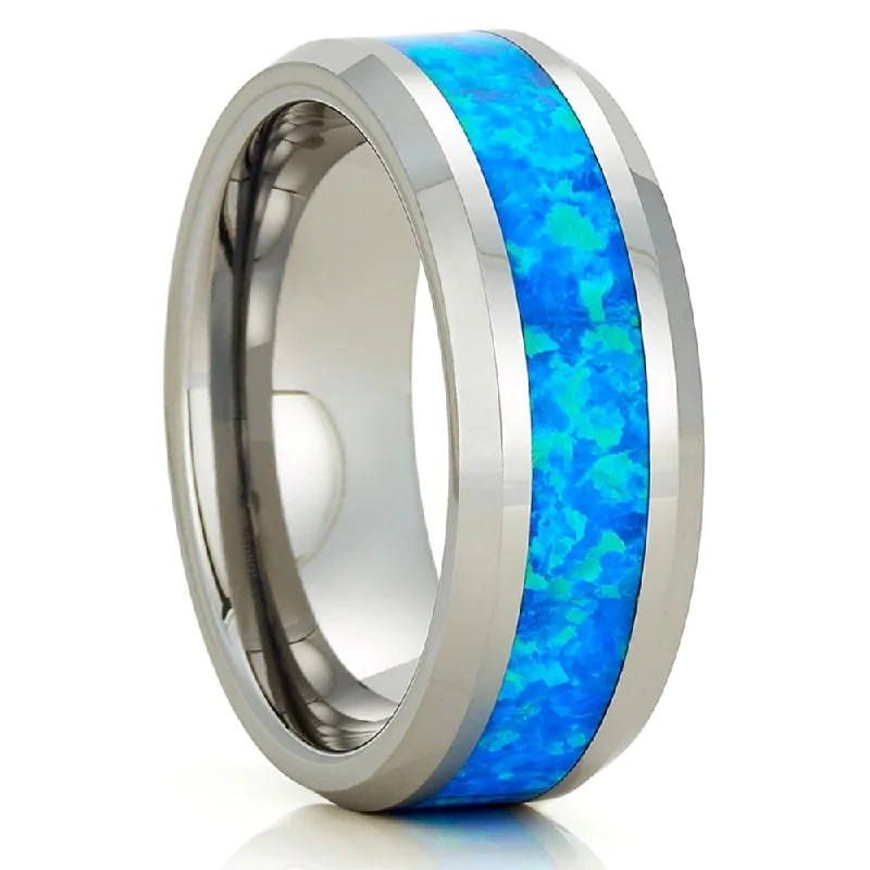 Women’s romantic engagement rings-Tungsten Wedding Ring 8Mm Blue Opal Inlay Comfort Fit Cobalt Free Size 715 - Silver