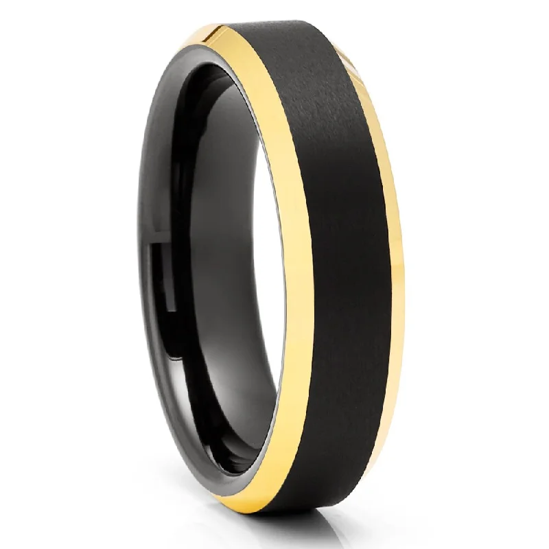 Women’s radiant cut engagement rings-Black Tungsten Wedding Ring 6Mm Yellow Gold Plated Comfort Fit Cobalt Free