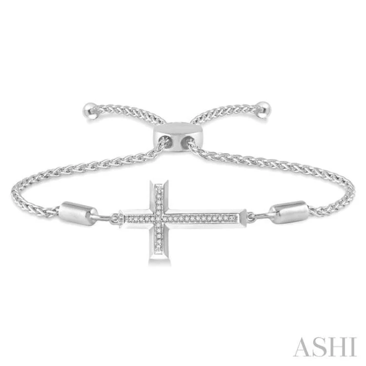 Women’s trendy bangles-1/20 Ctw Cross Charm Round Cut Diamond Sterling Silver Lariat Bracelet