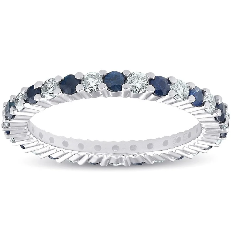 Women’s antique-style engagement rings-Pompeii3 14k White Gold 1 ct TW Blue Saspphire & Diamond Eternity Ring Womens Wedding Band