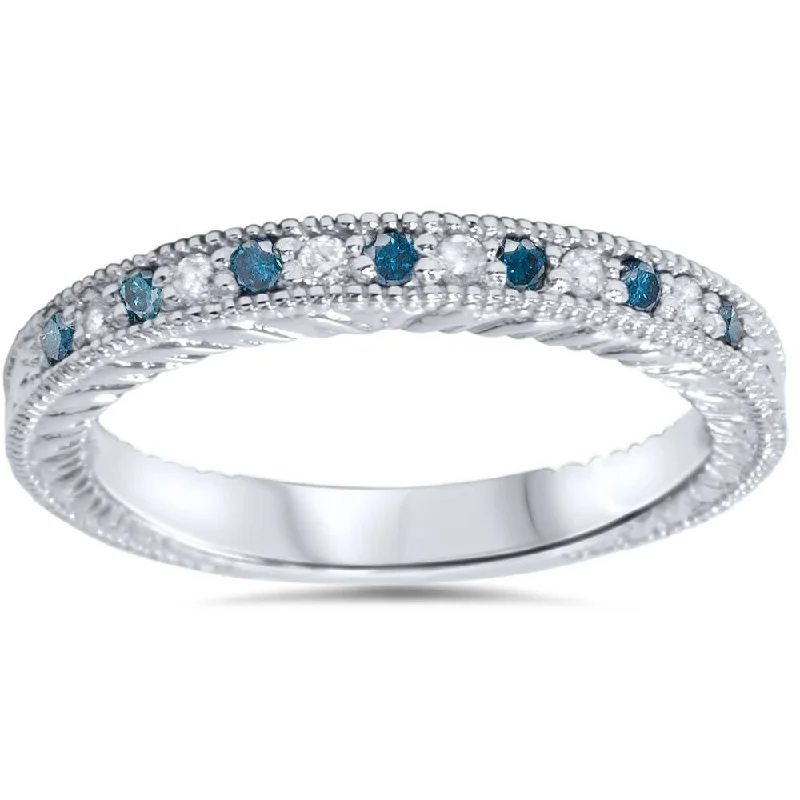 Women’s floral engagement rings-1/6ct Blue & White Diamond Vintage Wedding Ring White Gold