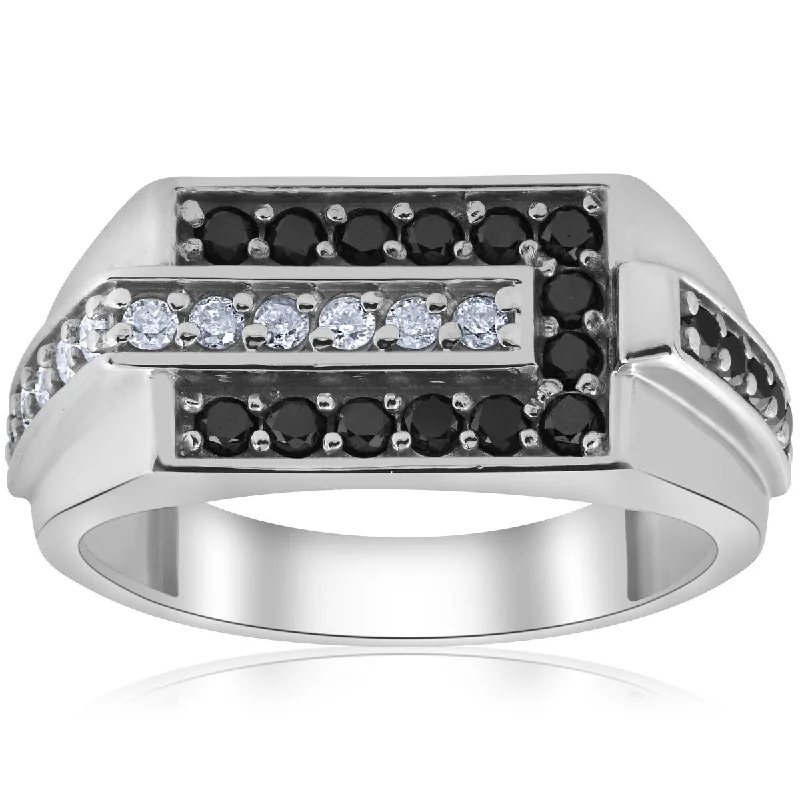 Women’s customized engagement rings-Mens 5/8ct Black & White Diamond Wedding Ring 10k White Gold