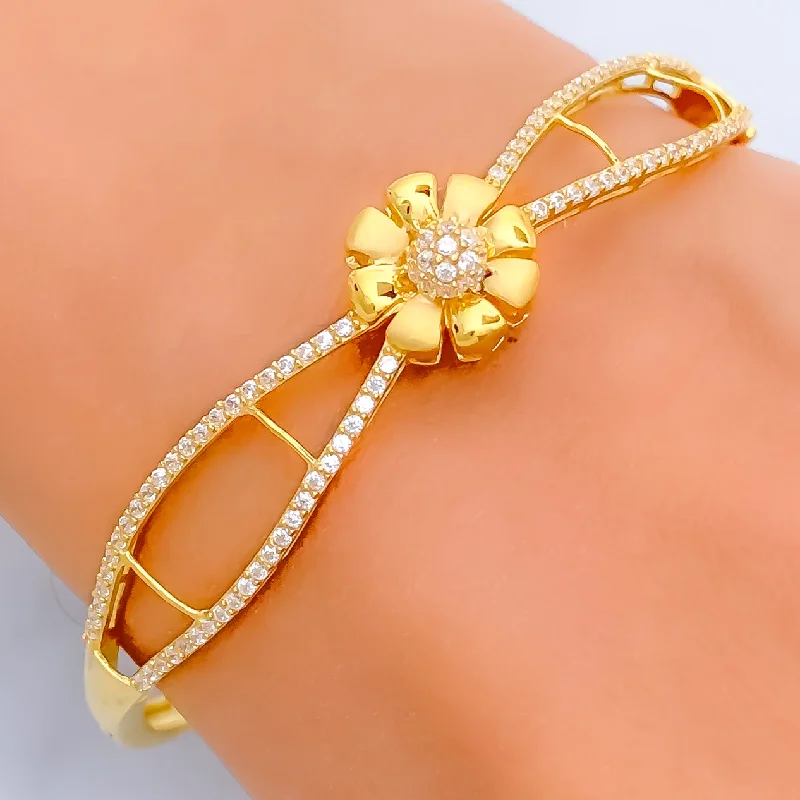 Women’s adjustable bracelets-Delightful Flower 22k Gold CZ Bangle Bracelet