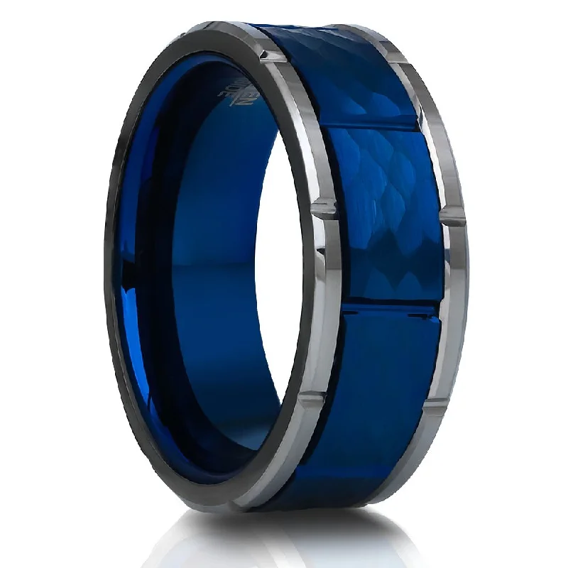 Women’s luxury diamond engagement rings-Blue Tungsten Wedding Ring 8Mm Hammered Finish Silver Edges Comfort Fit