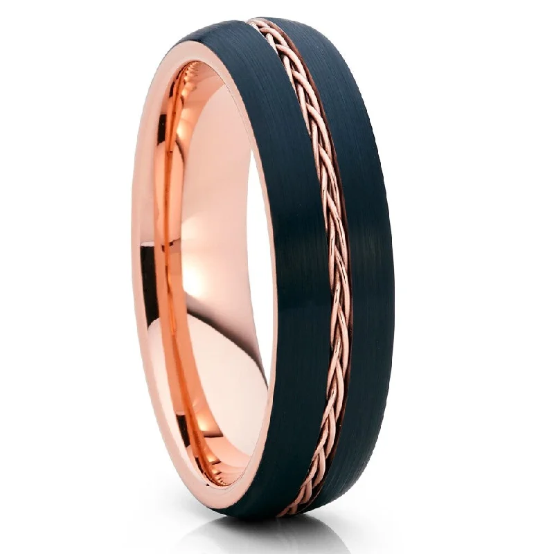 Women’s antique diamond engagement rings-6Mm Rose Gold Black Tungsten Carbide Ring Comfort Fit Wedding Anniversary Band