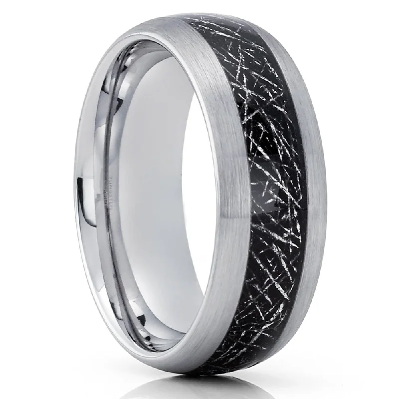 Women’s vintage engagement rings-Meteorite Tungsten Wedding Band 8Mm Comfort Fit Cobalt Free Anniversary Ring - Silver