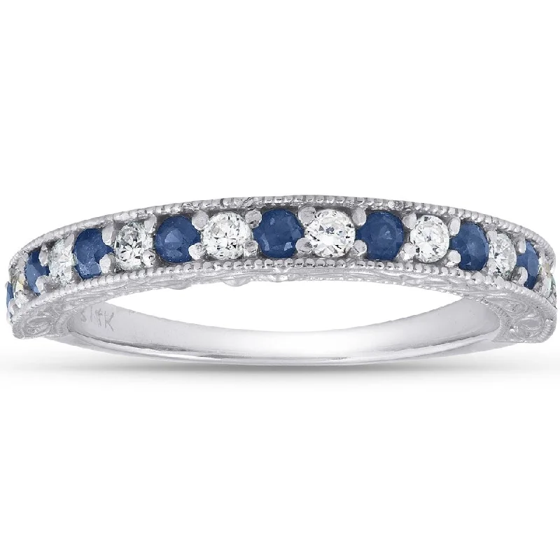 Women’s rose gold diamond engagement rings-14k White Gold 1/2 Ct TDW Blue Sapphire & Diamond Wedding Ring Vintage Band