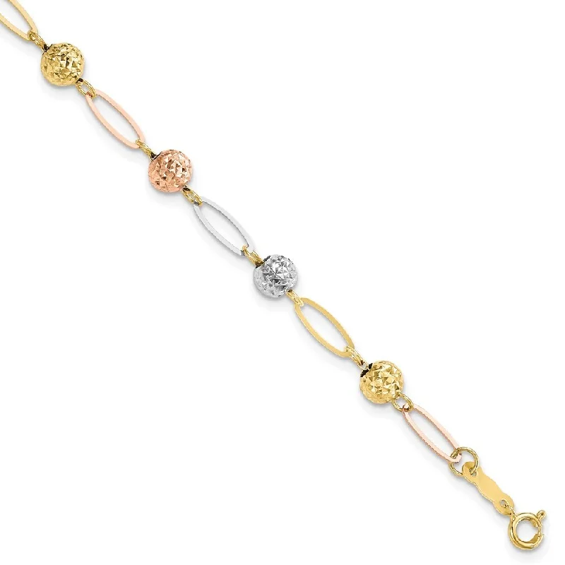 Women’s matching bracelets-14k Tri-Color Diamond-Cut Beads Link Bracelet, 7" (W-2mm)