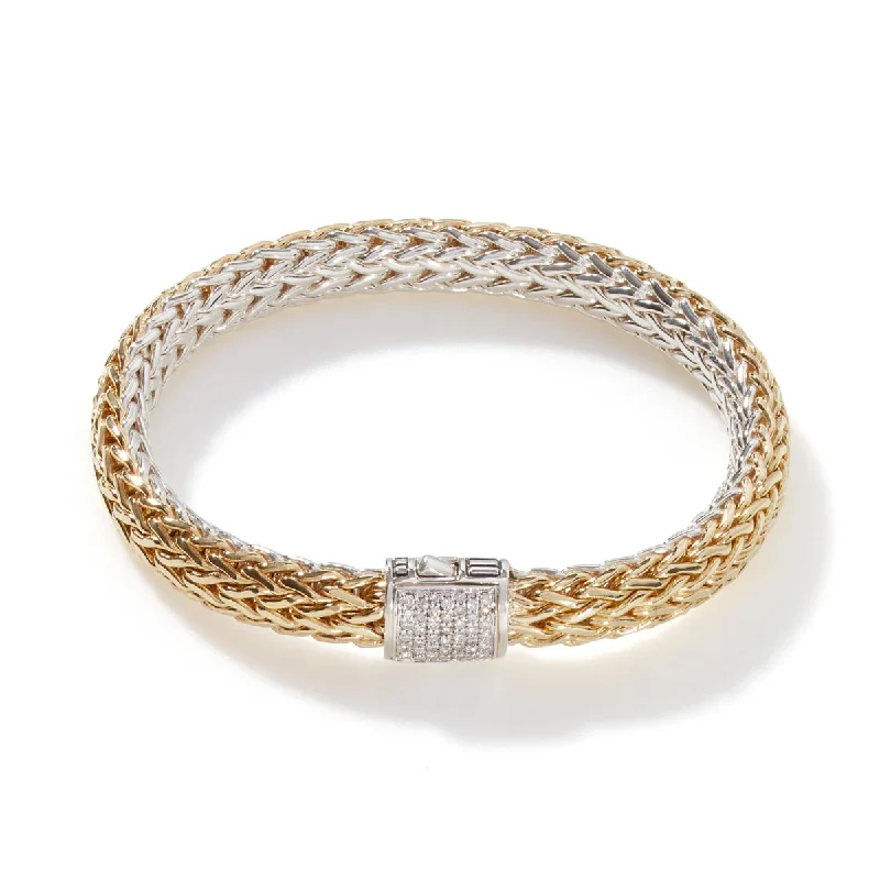 Women’s chunky bracelets-John Hardy Icon Reversible Bracelet in 18kt Yellow Gold and Sterling Silver with Diamonds  (1/7ct  tw) (5mm)