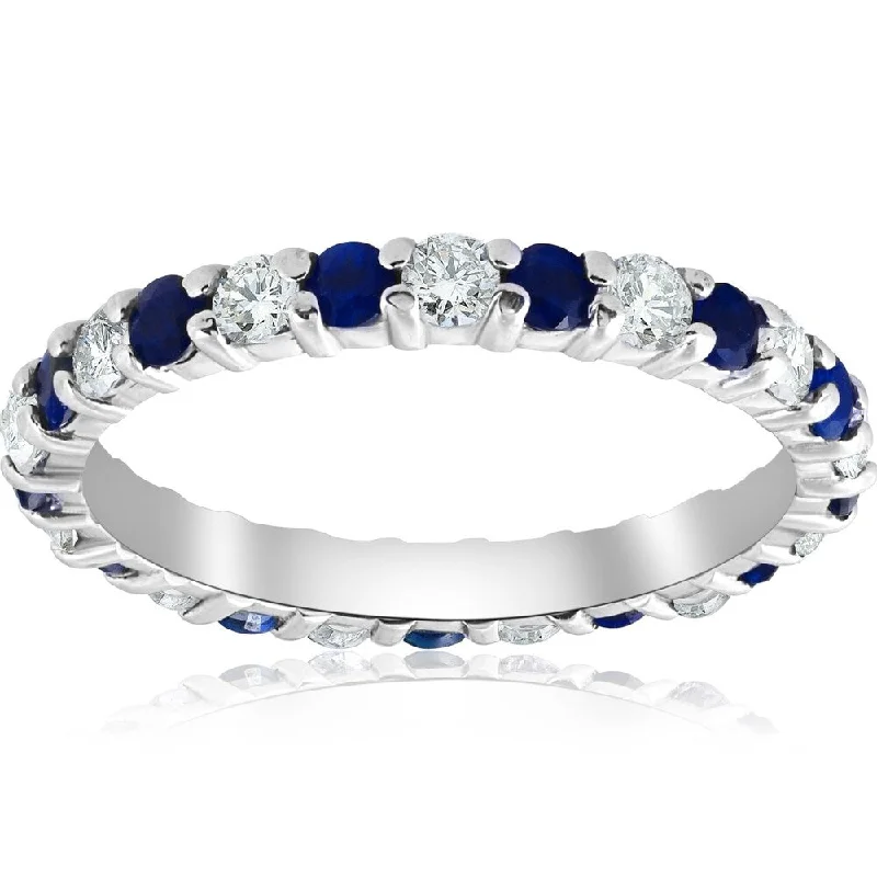 Women’s classic engagement rings-Pompeii3 14k White Gold 1 1/2 Ct TW Blue Sapphire & Diamond Eternity Ring Womens Stackable Wedding Anniversary Band