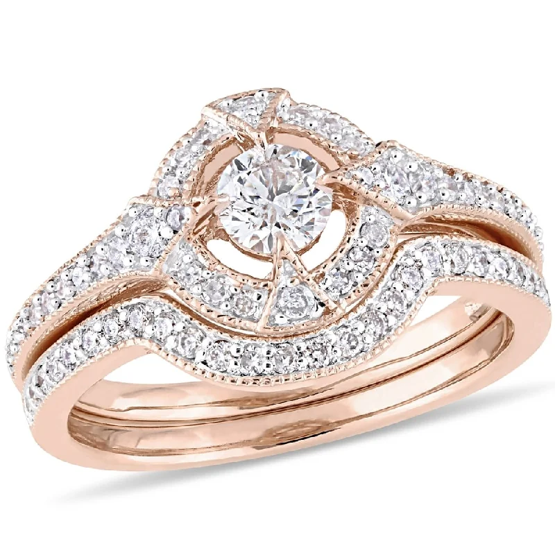 Women’s engagement rings with side diamonds-Miadora 10k Rose Gold 3/4ct TDW Diamond Halo Vintage Wedding Ring Set