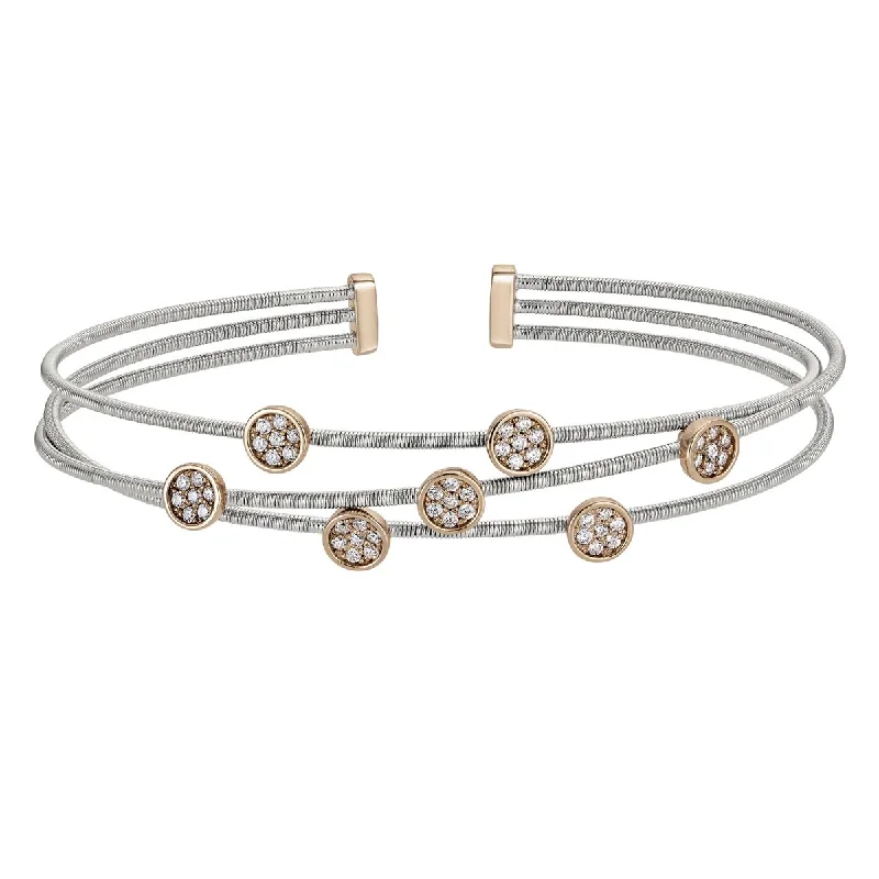 Women’s sterling silver charm bracelets-Bella Cavo Cubic Zirconia Triple Row Cuff Bracelet in Sterling Silver with Rose Gold Plate