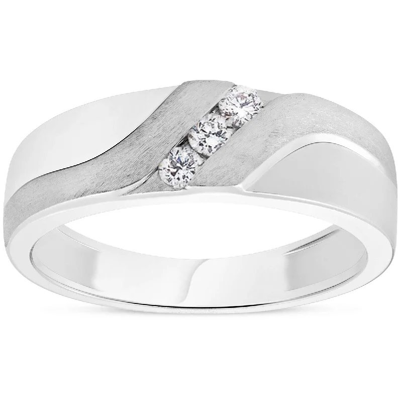 Women’s simple engagement rings-Mens 1/5ct White Gold Diamond 6.5mm Brushed Wedding Curve Anniversary Band