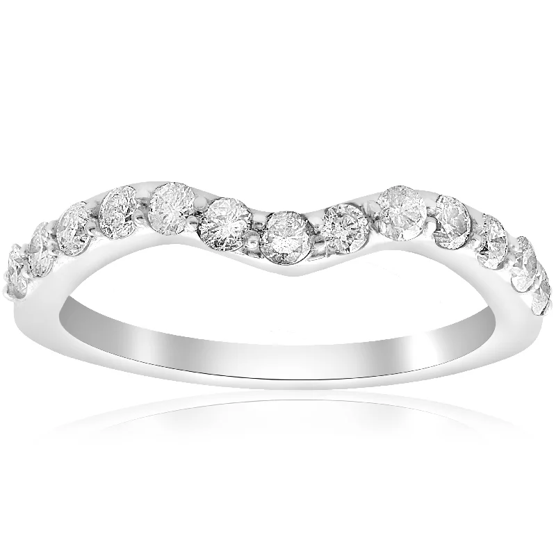 Women’s round-cut diamond engagement rings-1/2ct Curved Diamond Notched Wedding Ring Enhancer White Gold