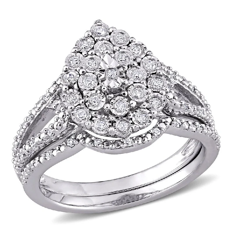 Women’s engagement rings with halo settings-Miadora Sterling Silver 1/4ct TDW Diamond Pear Cluster Split Shank Wedding Ring Set