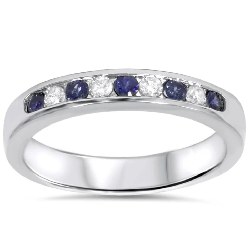 Women’s diamond and ruby engagement rings-1/4ct Blue Sapphire Lab Grown Diamond Channel Set Wedding Ring White Gold