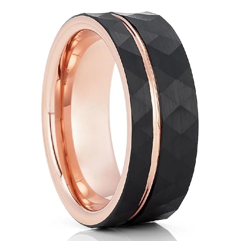 Women’s engagement rings with colored diamonds-Rose Gold Tungsten Wedding Ring 8Mm Hammered Comfort Fit Cobalt Free Ip Plating