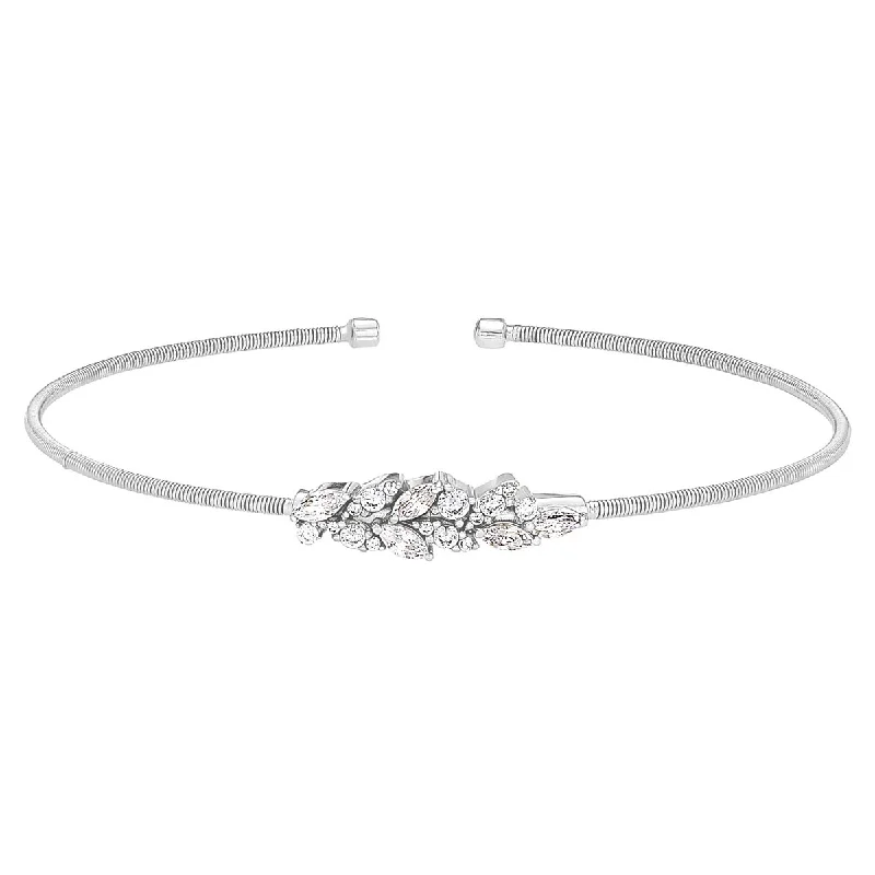 Women’s delicate bangle bracelets-Bella Cavo Cubic Zirconia Flexible Cuff Leaf Bracelet in Sterling Silver