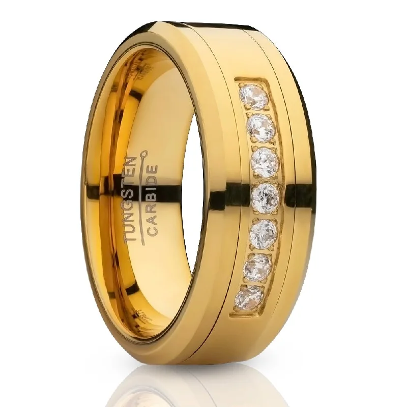 Women’s solitaire engagement rings-Mens Yellow Gold Tungsten Ring 8Mm Comfort Fit Cz Inlay Wedding Band