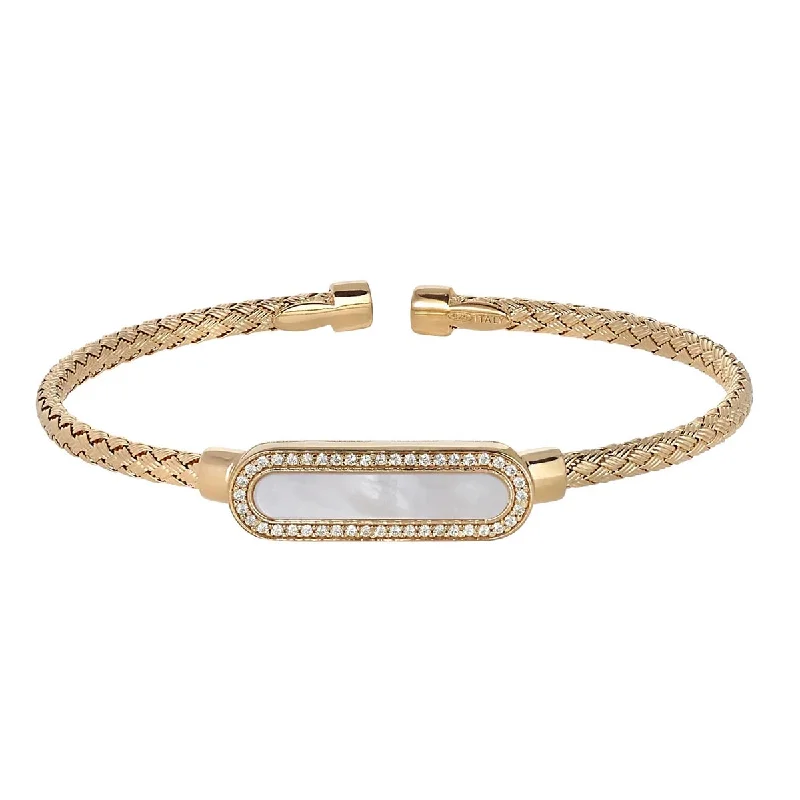 Women’s statement bracelets-Bella Cavo Mother of Pearl and Cubic Zirconia Cuff Bracelet in Sterling Silver and Yellow Gold Plate