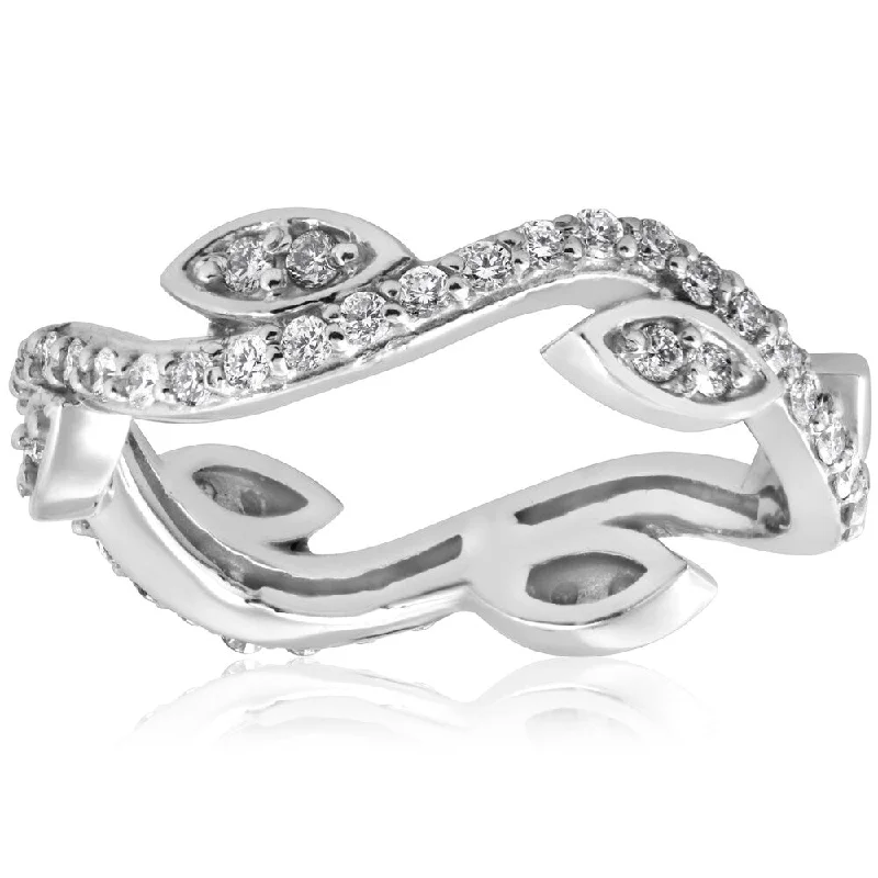 Women’s white gold engagement rings-14K White Gold 1/2 ct TDW Diamond Vintage Vine Floral Leaf Petal Eternity Stackable Wedding Ring (I-J,I2-I3)