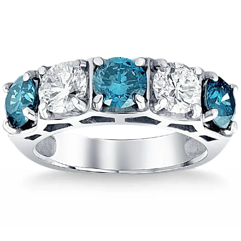 Women’s classic solitaire engagement rings-3 1/4Ct Blue Diamond Wedding Ring White Gold Lab Grown Anniversary 5-Stone Band